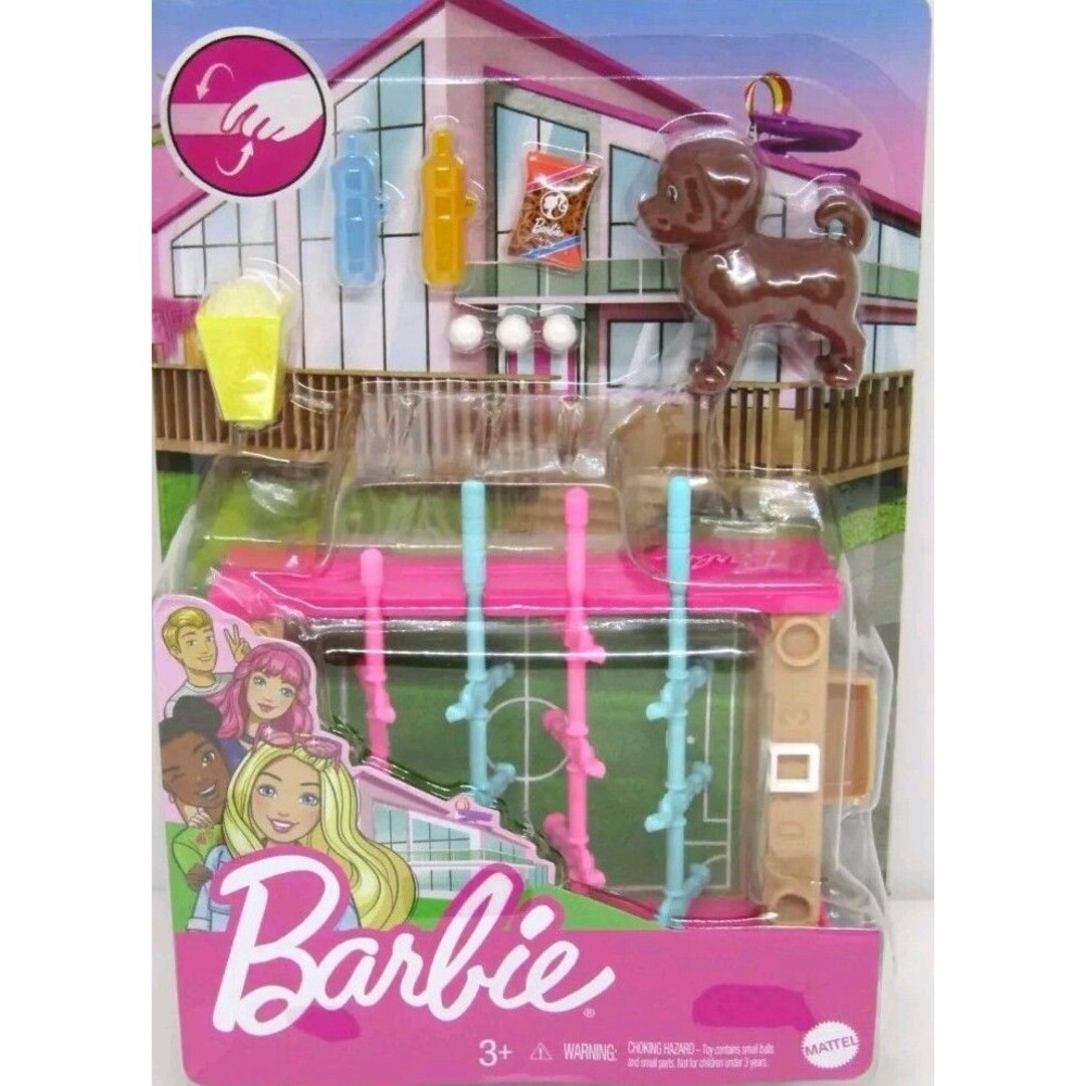 Barbie Mini Foosball Table Play Set with Doll Accessories & Puppy Dog - New